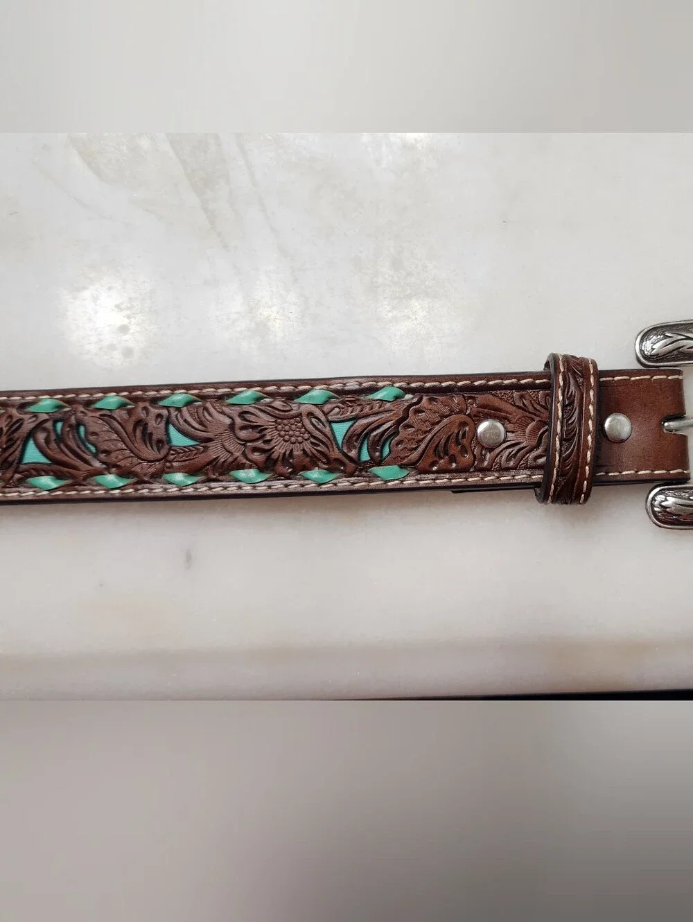 Kids Tooled Brown Leather Belt with Turquoise Accents